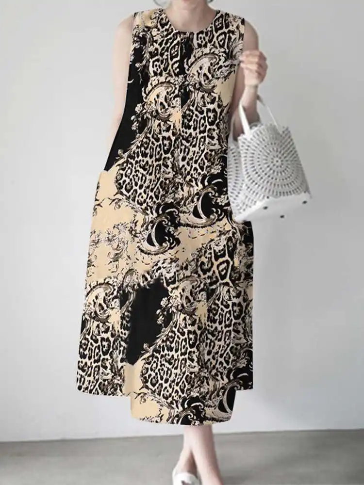 

Платье ZANZEA женское оверсайз без рукавов, повседневный свободный сарафан с круглым вырезом, модная длинная одежда с принтом, лето 2022