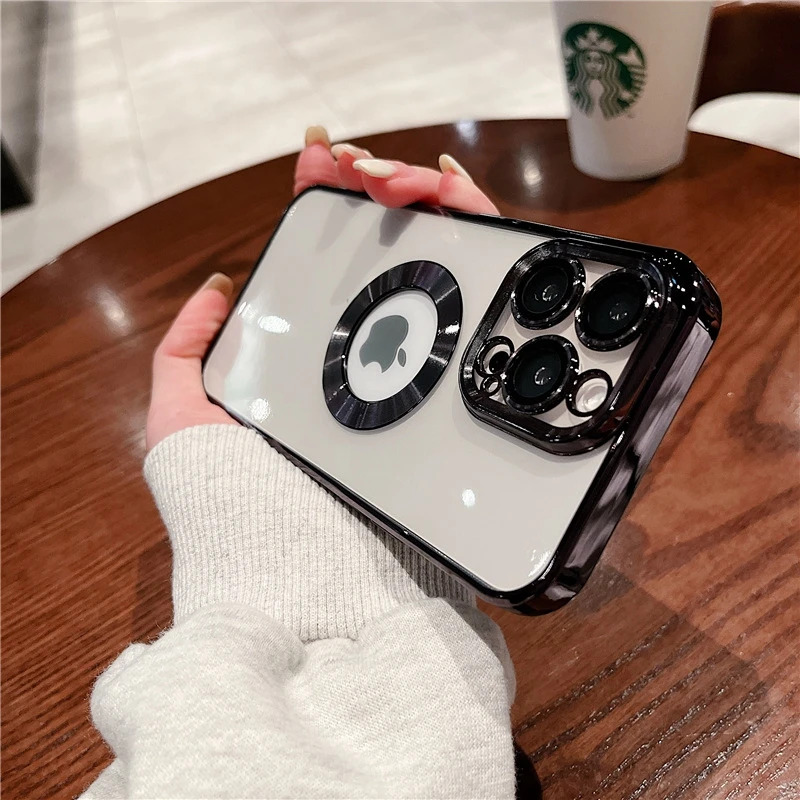 

Luxury Transparent Plating Logo Hole Case For iPhone 11 12 13 Mini Pro XS Max X XS XR phone case Glass Camera Protector Cover
