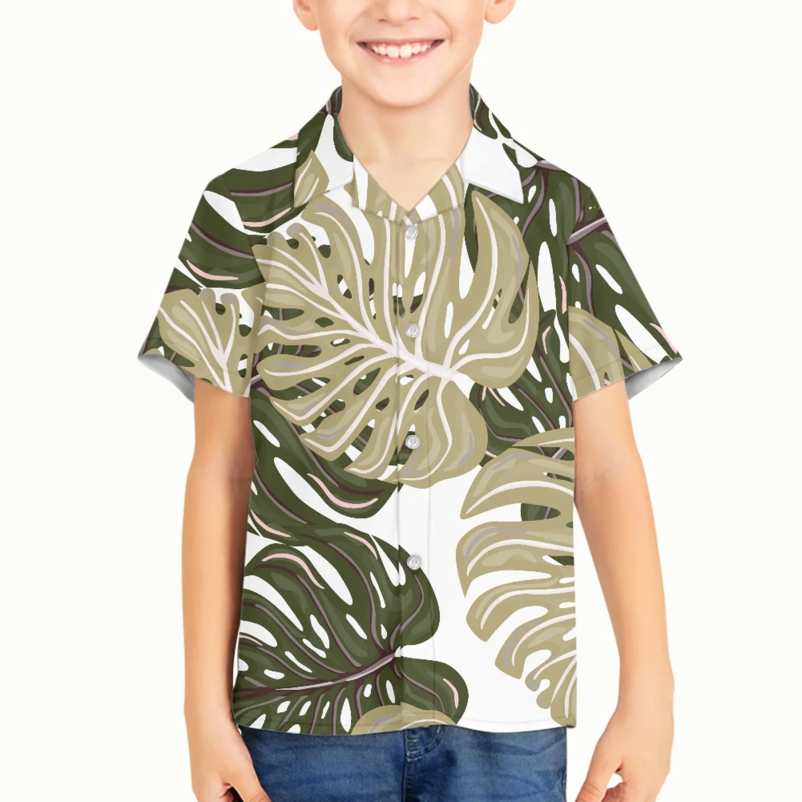 

Tropical Plantain Leaf Pattern Children Kid Boy Hawaiian Shirt Lapel Fashion Short-sleeved Loose Breathable Top Summer 3d Casual