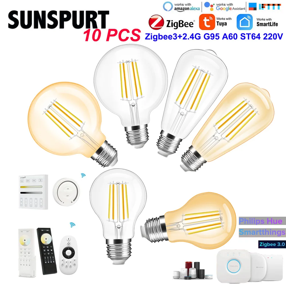 Фото 1-10P AC220V ZIGBEE 3.0+2.4G RF Винтажный стиль Светодиодная лампа накаливания A60 G95 ST64 E27 7W Pro Dual White Smart APP Alexa Голосовое управление №1