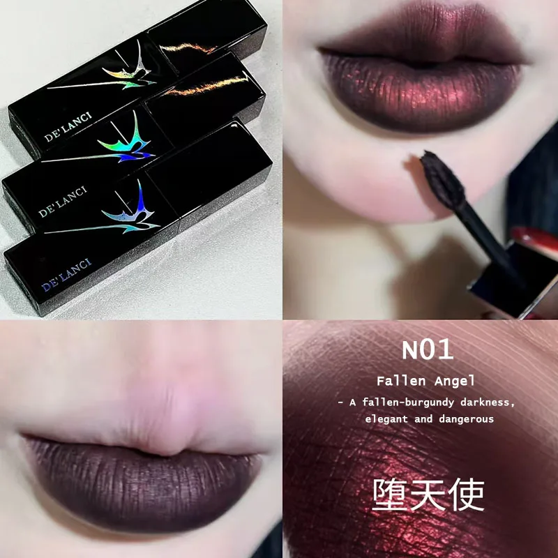 Фото Блеск для губ DE'LANCI Goth Velvet Moist Matte Shimmer: красный, синий, дымчатый, высокопигментированный, с мелким шиммером, стойкий, для Хэллоуина №4
