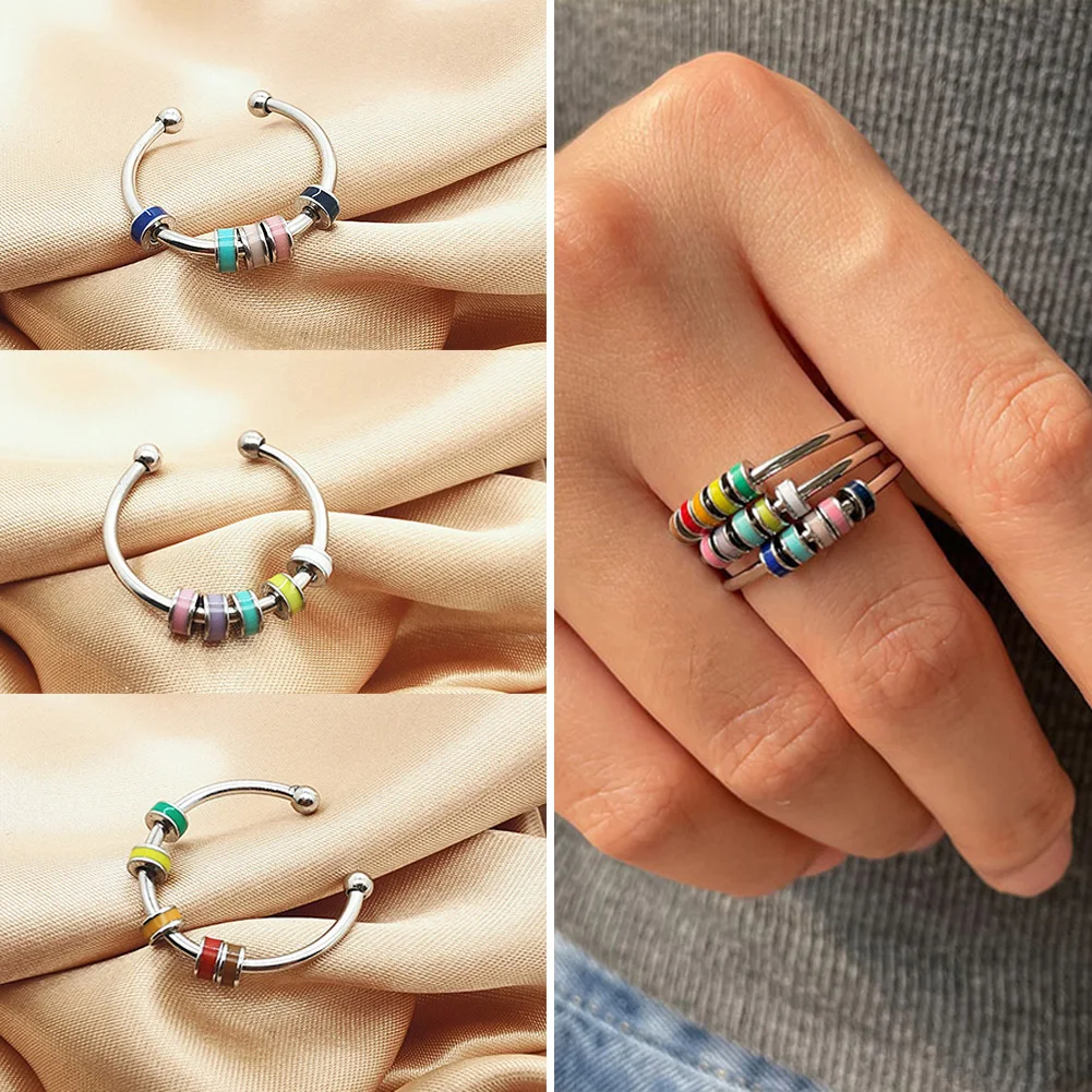 

New Colorful Enamel Anxiety Ring For Women Stainless Steel Beads Silver Color Fidgets Rings 2022 Trend Jewelry Anti Stress Gift
