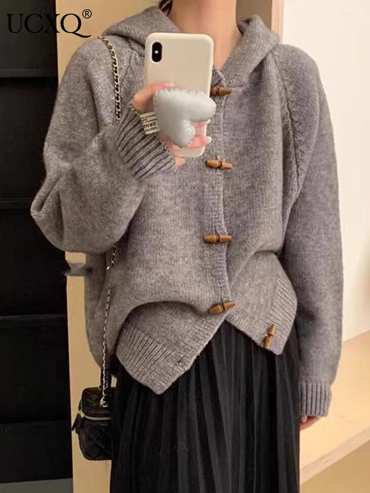 UCXQ винтажный свитер куртка в корейском стиле оливковая деревянная пряжка