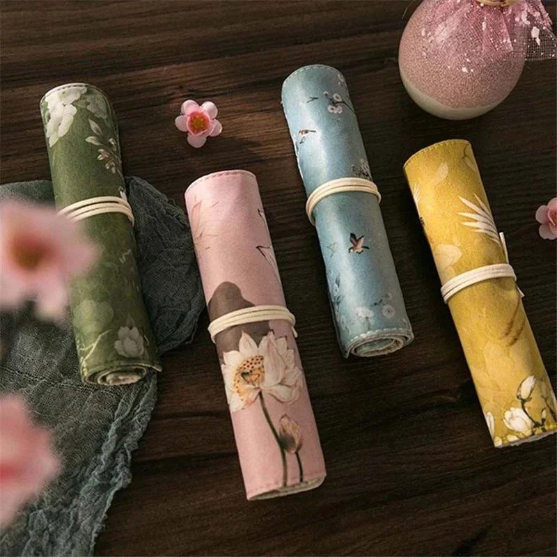

Crane Pen Case Makeup Storage Flower Bird Fairy Crane Style Apricot Pencil Bag Flower Roll Lotus Pouch Creative Stationery