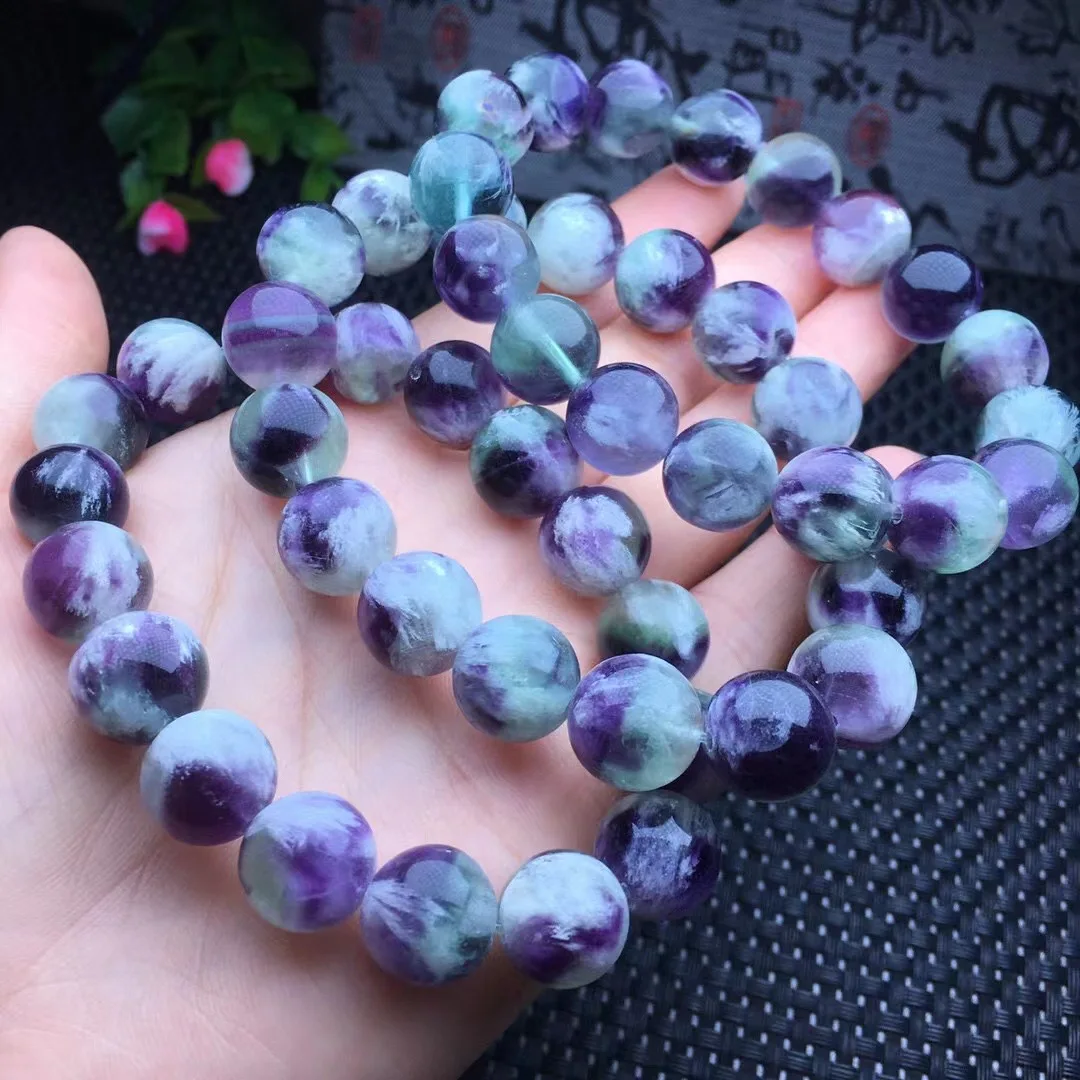 

1 Pc Fengbaowu Natural High Quality Rainbow Feather Fluorite Bracelet Round Beads Reiki Healing Stone Women Jewelry Gift
