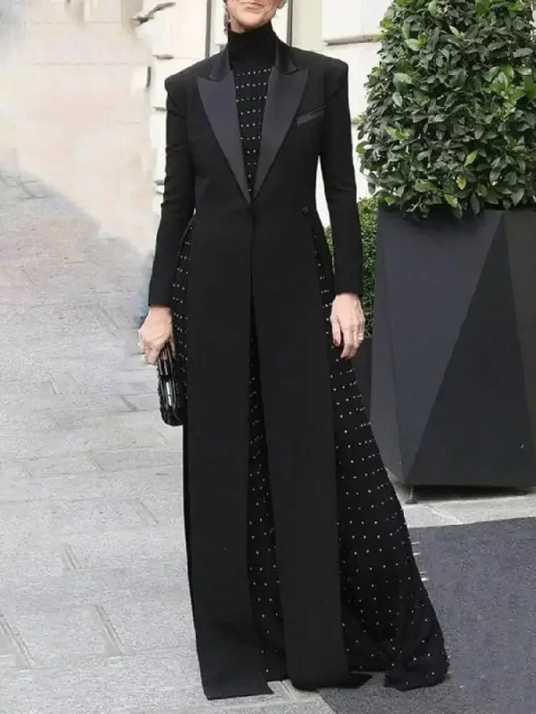 Gymdolphin женский длинный пиджак пальто однотонный черный зубчатый воротник с