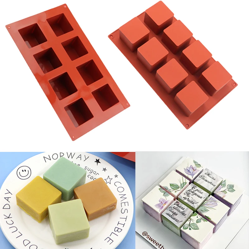 8 Cavities Cube Silicone Soap Mold for Handmade Soap Chocolate Mousse Cheese Dessert Jelly Pudding Bread Pan Decorating Tool