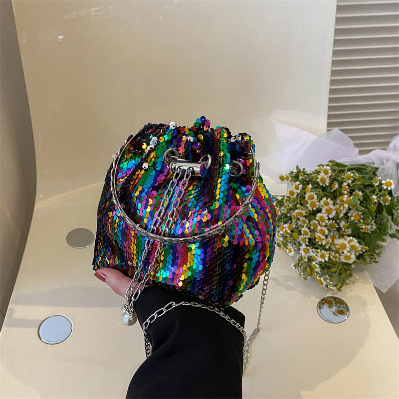

Fashion Messenger Bag Buckets Chains Sequins Small Bolsas Luxury Designer Handbag Bags for Women Purse Women's Tote Female 2023