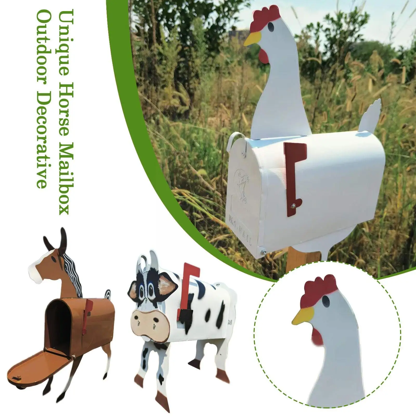 

Unique Chicken Cow Horse Mailbox Metal Wall Mounted Post Outside Box Animal Decoration Crafts Mailboxes Garden Weatherproof Q0g4