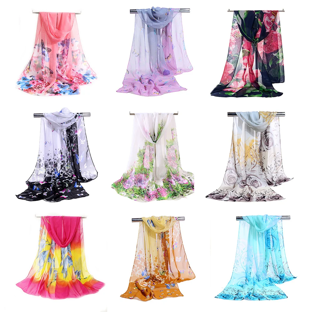 

Women Scarves Thin Shawls Wraps Chiffon Fabric Fresh Flower Sunscreen Muslim Hijab Silk Scarf Fashion Elegant 160x50cm