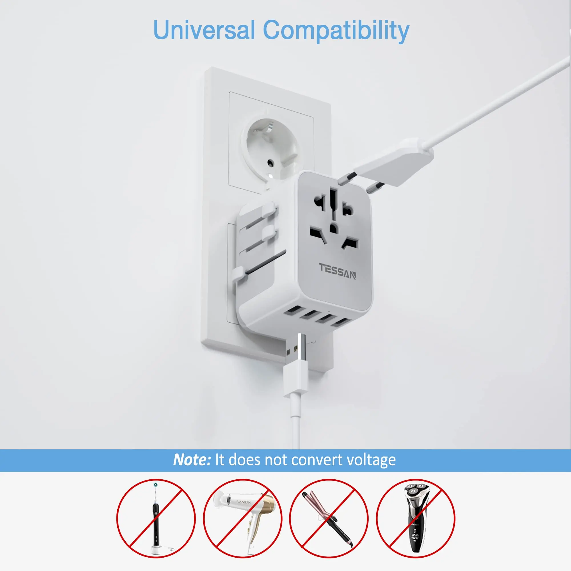 Универсальный дорожный адаптер TESSAN переходник с международной вилкой настенный