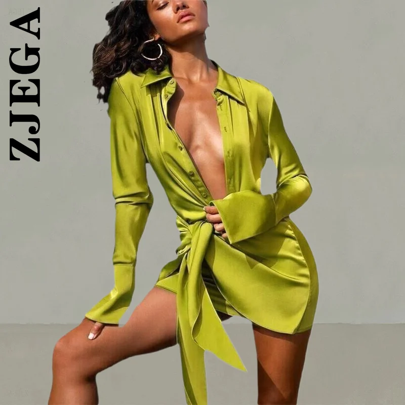 

Zjega New Women Dress Long Sleeve Sweet Dress Bandage Satin Down Collar Mini Dresses Robe Woman Clothes Vestidos Female
