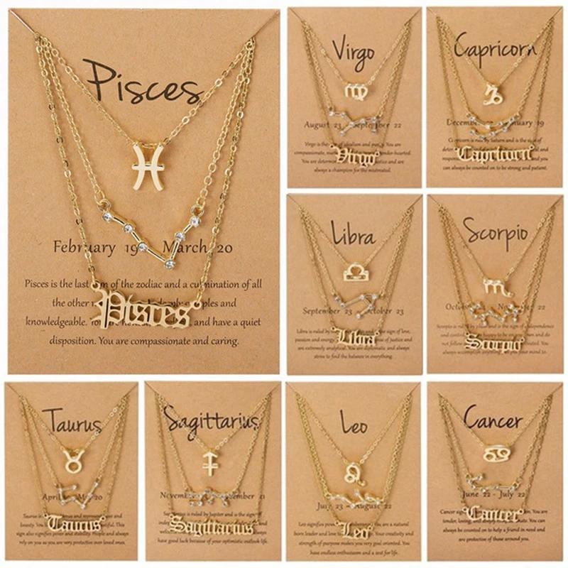 

12 Zodiac Sign Pendant Necklaces 3pcs/set Gold Constellations Alphabet Symbol Choker chains Crystal Necklace With Card Jewelry