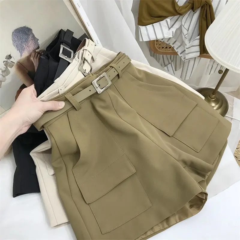 Texture High Waist Suit Womens Shorts Summer Thin Style Wide Leg Shorts Show Thin Casual Temperament Black Small Trousers Women