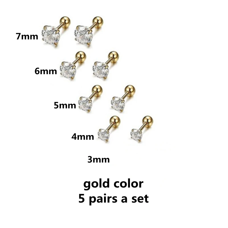 

Gold Color 5Pairs A Set The Zircon With Stainless Steel Screw-Back Stud Earrings The Bar IP Plating No Easy Fade Allergy Free