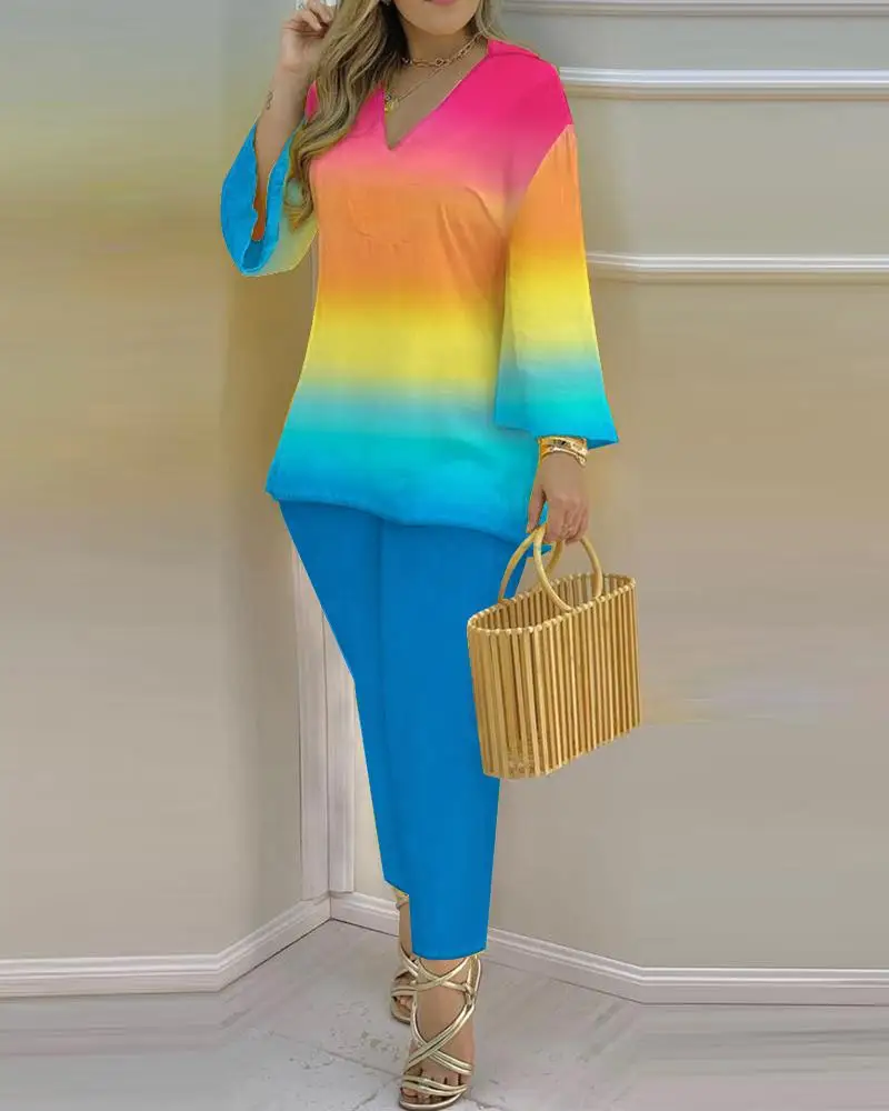 2023 spring and summer new women's suit fashion sexy V-neck printed thin long-sleeved trousers casual women's suit two-piece set