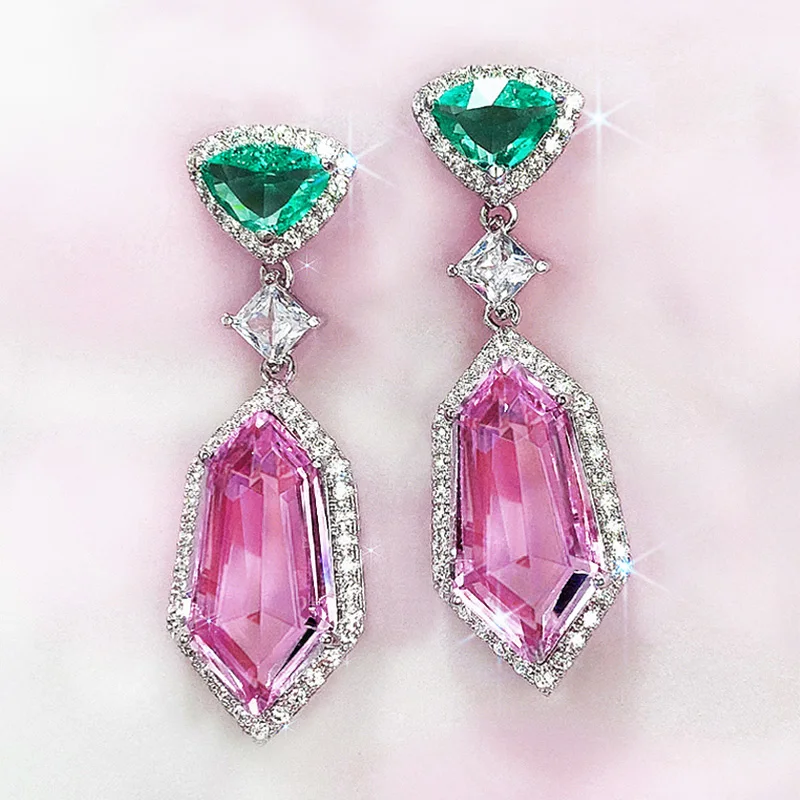 

Uring Personality Irregular CZ Dangle Earrings for Women Green/White/Pink Stone Aesthetic Lady's Earrings Party Jewelry Trendy