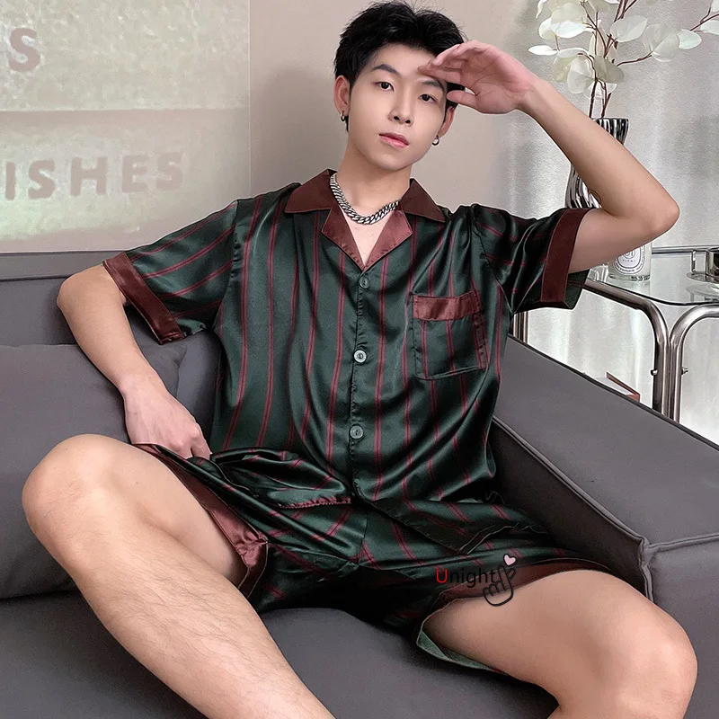 Men Short Set Satin Silk Large Size Pyjamas Summer Sleepwear Home Clothes Stripe Sleep Tops Big Size 4XL Plaid Pijama Hombre