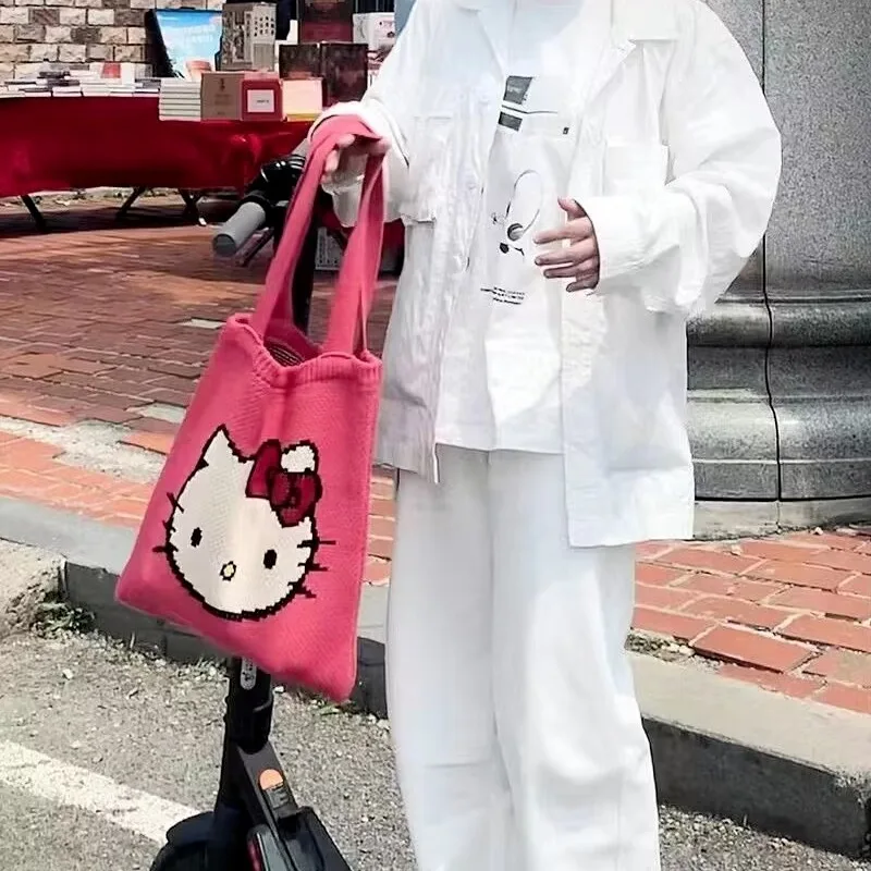 

Женская сумка Sanrio, Hello Kitty Kawaii Y2k, женская сумка из шерсти, вязаная крючком, Сумка с открытым верхом, Женская Повседневная сумка через плечо