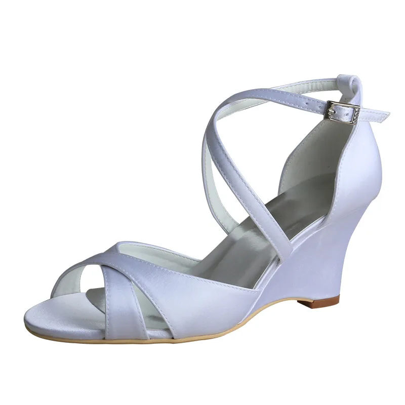 

Wedopus Brand Wedge Heel Sandals Shoes Peep Toe Ivory Satin