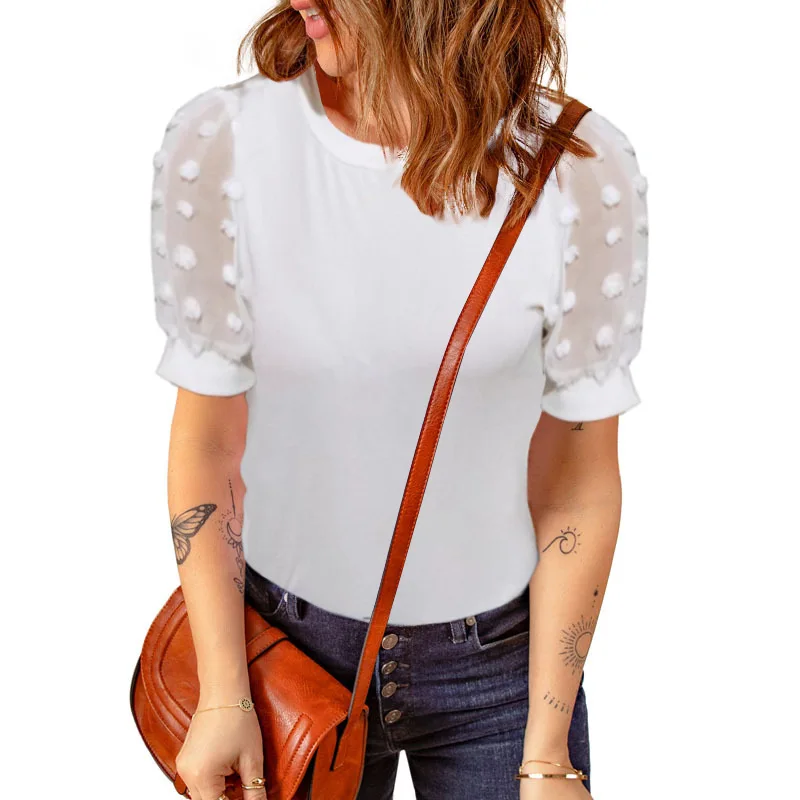 

2022 Spring and Summer New Women's Clothing Solid Color Round Neck Top Stitching Jacquard Slim Short-sleeved T-shirt Women