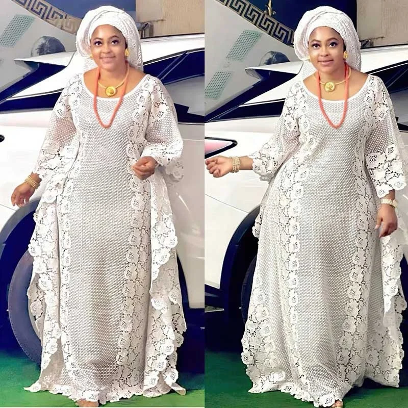 Plus Size Women Clothing New Fashion Solid Color Hot Selling Water-soluble Lace Loose Long Big Hemline White Robe Large Dress