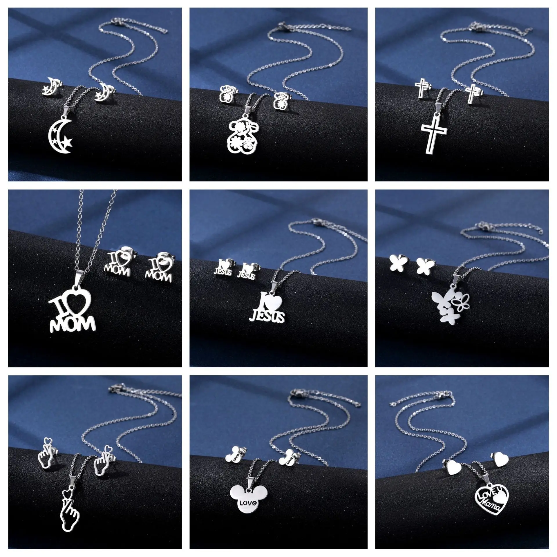 

Stainless Steel Gold Color Animal Heart Flower Cross Pendant Chain Necklace Stud Earring for Women Jewelry Set