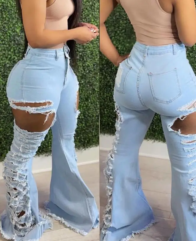 

Women's Pants 2023 Summer New Casual High Waist Cutout Ripped Bootcut Flared Jeans Female Fashion Y2K Denim Trousers Streetwear