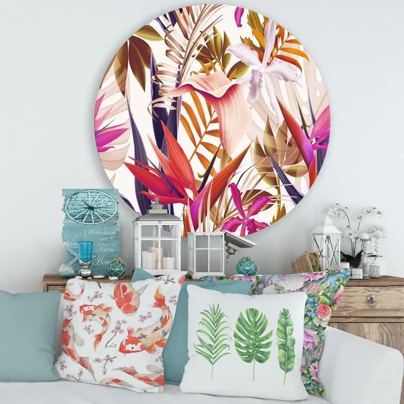 

'VIntage Tropical Flowers III' Traditional Circle Metal Wall Art 36x36 - Disc of 36