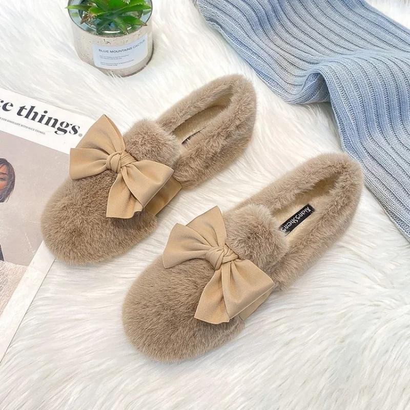 Plush Shoes, Beanie Shoes, Women's Winter Plus Velvet Shoes, Rabbit Hair Shoes, Cotton Shoes, Flat Shoes,  2022 New Winter