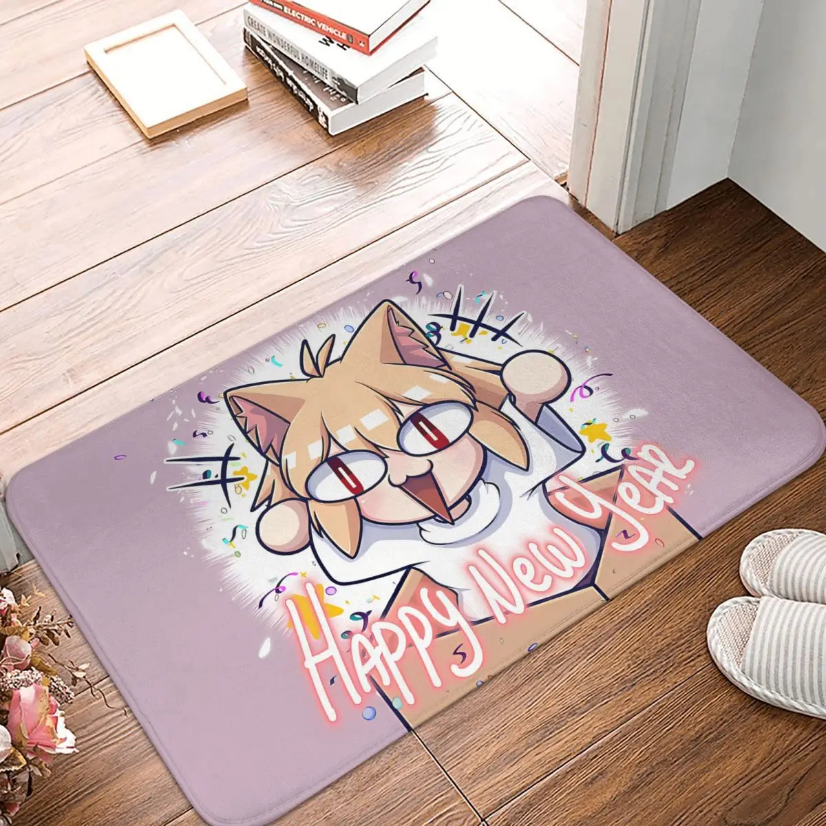 

Happy New Year Neco Arc Cat Non-slip Doormat Carpet Bath Kitchen Mat Welcome Home Decor