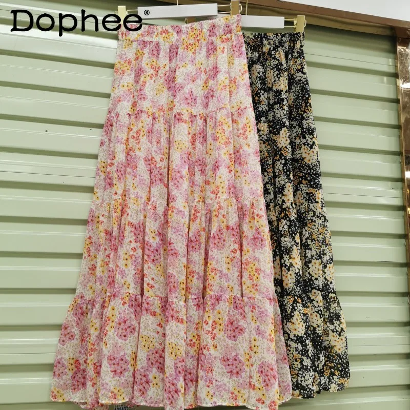 

Chiffon Floral Skirt Women 2022 Early Spring New Korean Style Sweet Elastic High Waist Holiday Mid-Length Slimming Pleated Skirt