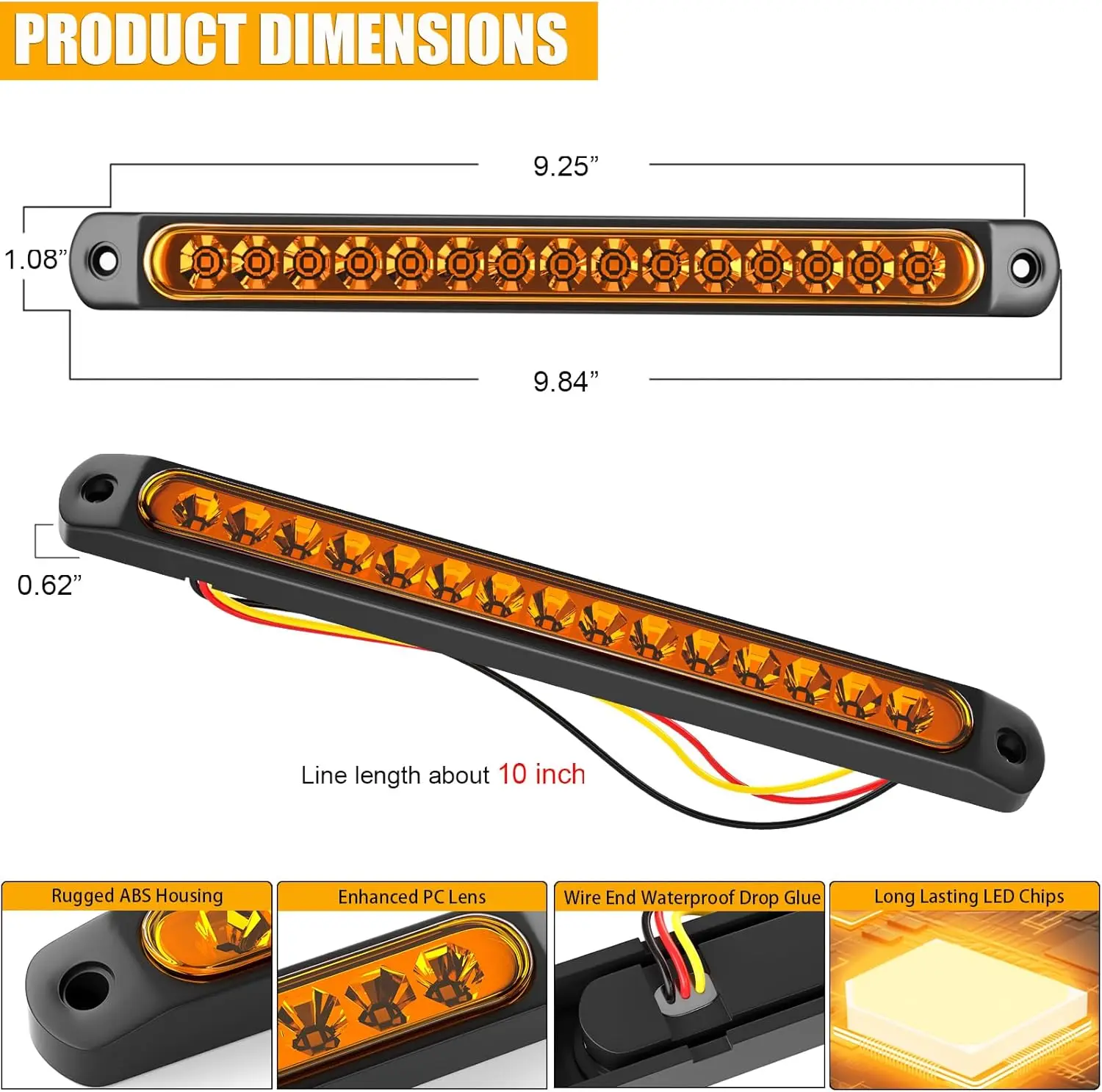 10-дюймовая светодиодная фара-балка 15 LED для прицепов – янтарный сигнальный фонарь с габаритной полосой для внедорожников, грузовиков, фургонов, UTV, ATV (art.: 3920d7cd749e2) - 3920d7cd749e2