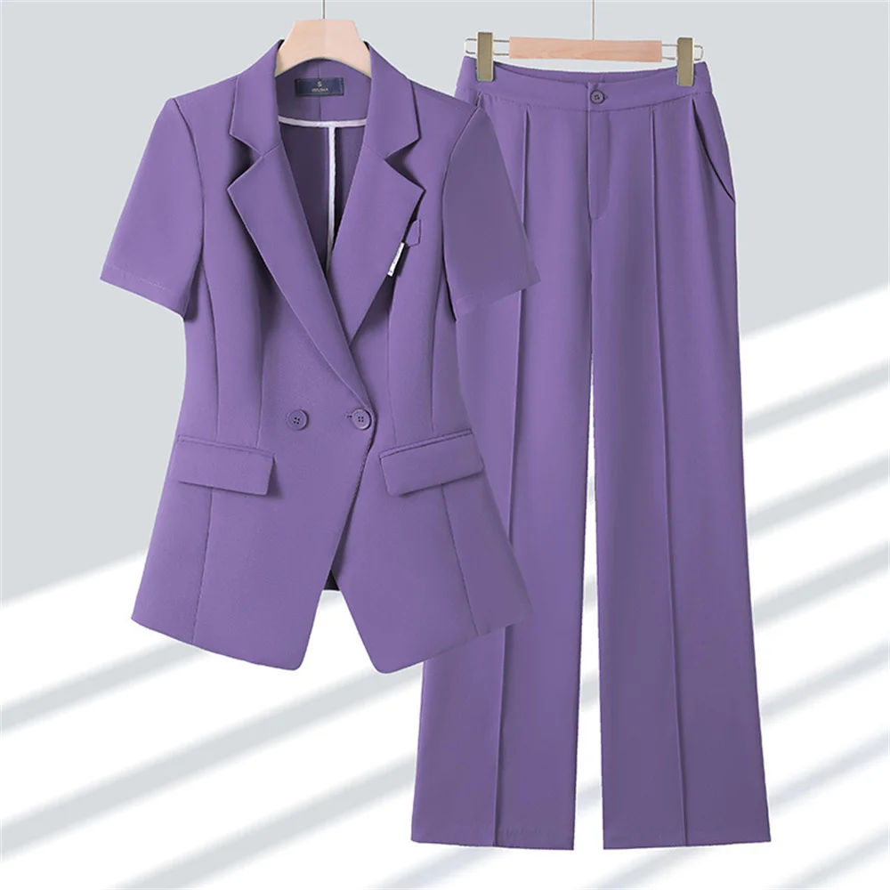 Fashion Women Two Pieces Set 2023 Summer Short Sleeve Jackets Coat + Pants Office Ladies Business Work Wear Formal Pant Sets
