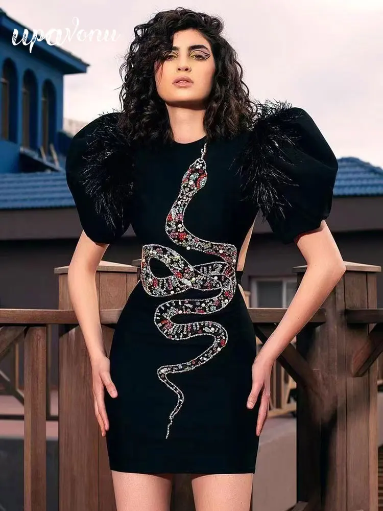 

Sexy Snake Shaped Rhinestone Patchwork Velvet Dresses Women's O-Neck Bubble Sleeve Feather Design Cutout Bodycon Dress Vestidos