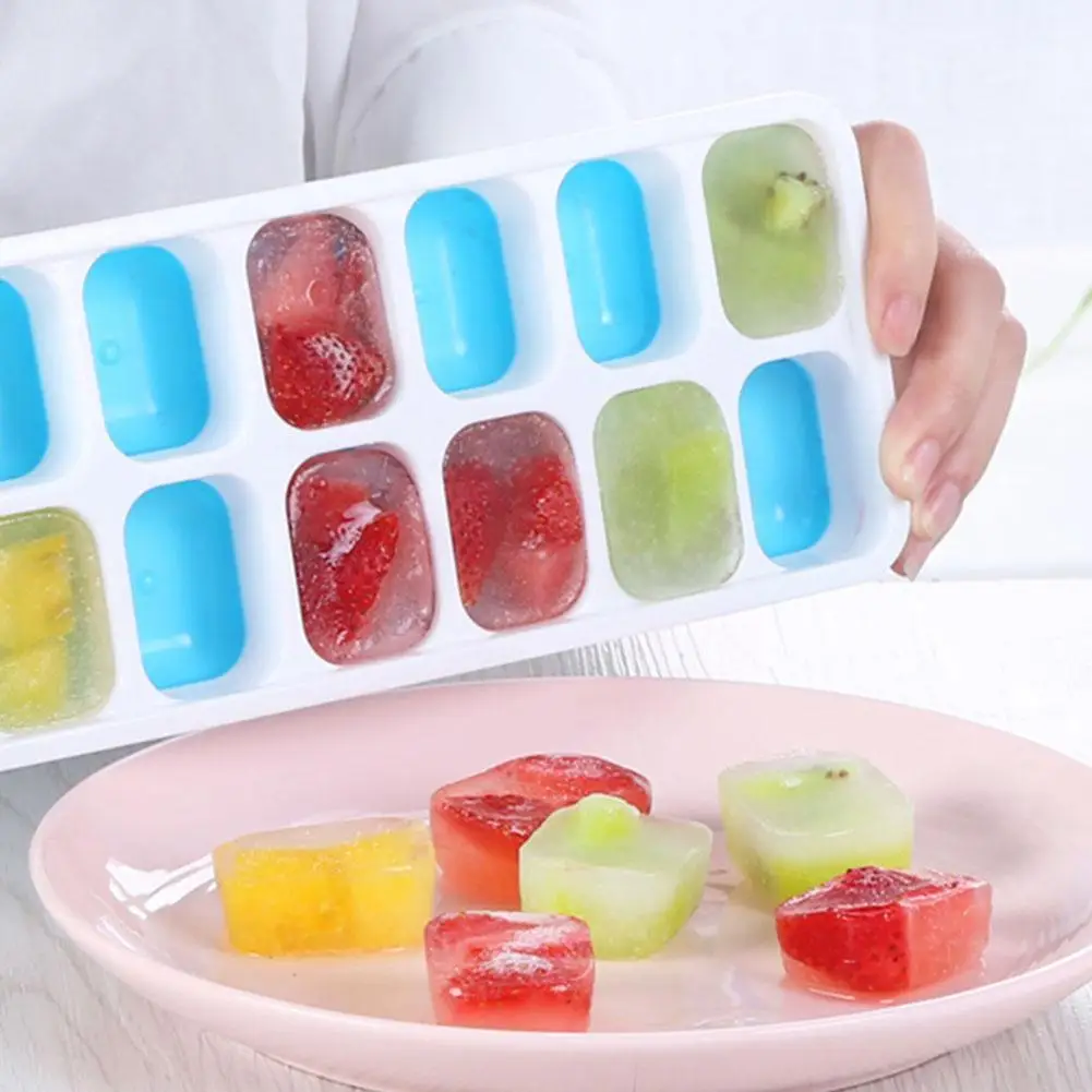 

14 Grids Silicone Ice Cube Tray Mold With Clear Cover Summer Fruit Kichen Mould Popsicle Home Freezer Accessories Maker Y7Q4