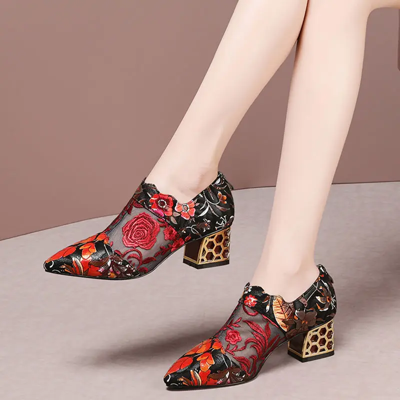

Square Mid Heels Woman Spring/Fall Mesh Women's Shoes Pointed Toe Embroidery FlowerEthnic Hand MadeFemale Footware RED BLUE