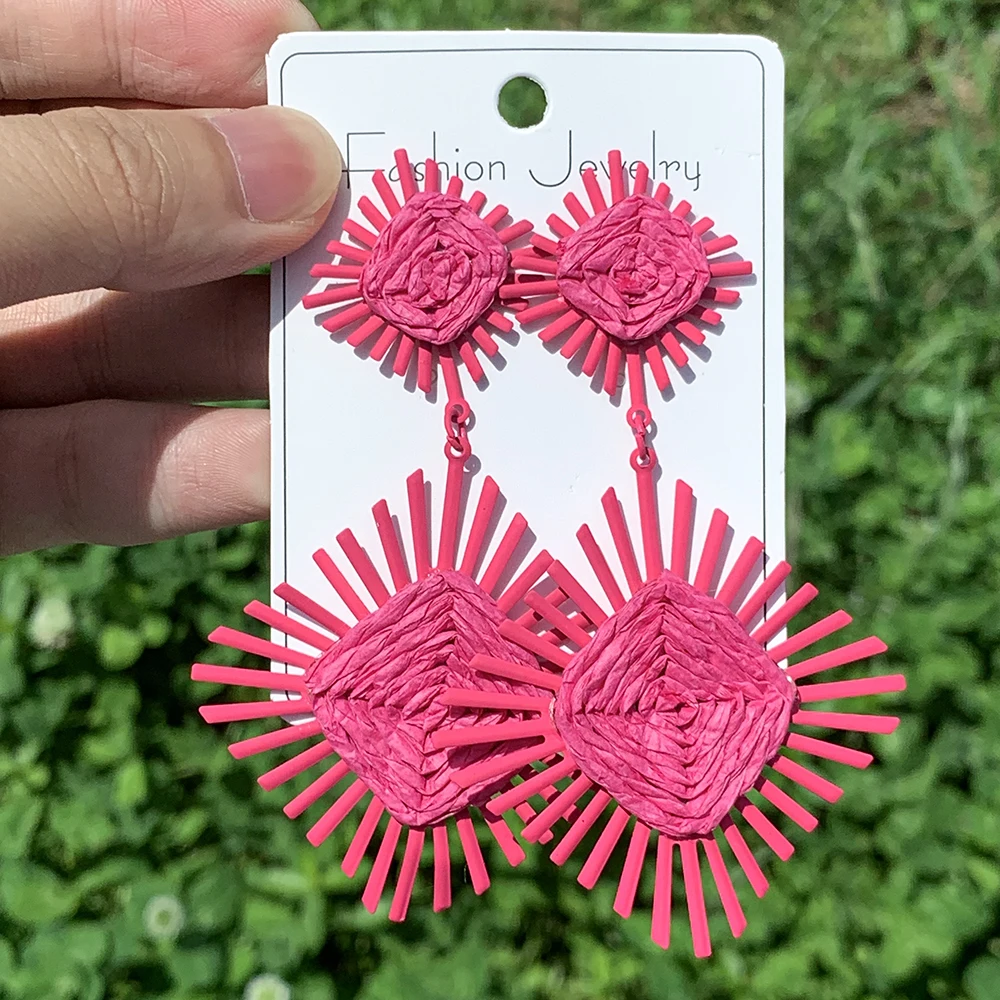 Уникальные розовые серьги в форме сердца из рафии милые богемные серьги-подвески