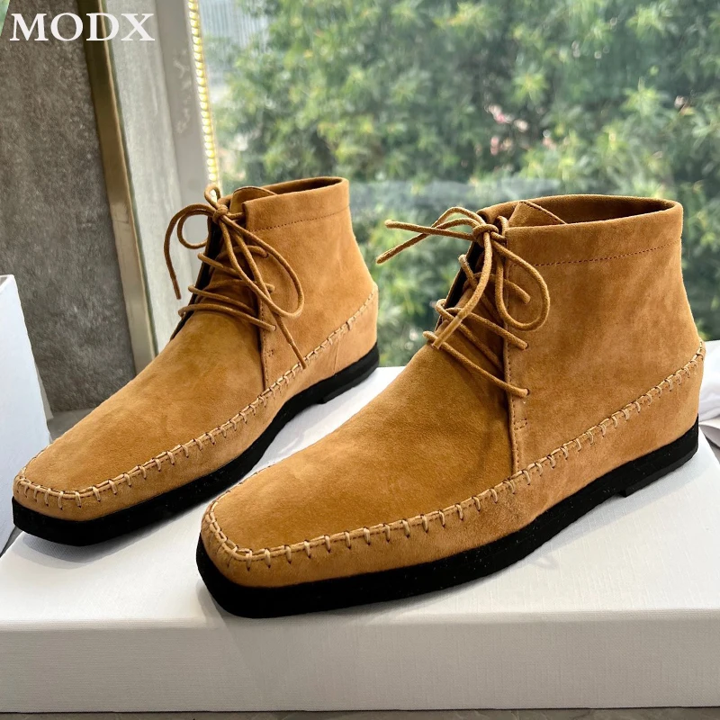 

Новинка осени 2023, женская обувь из натуральной кожи и замши, модные Универсальные короткие ботинки в стиле ретро со шнуровкой и квадратным носком