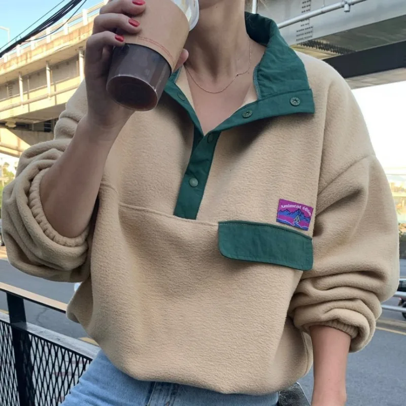 

Korean autumn and winter French vintage stand collar color double sided polar fleece loose long sleeve pullover hoodie woman