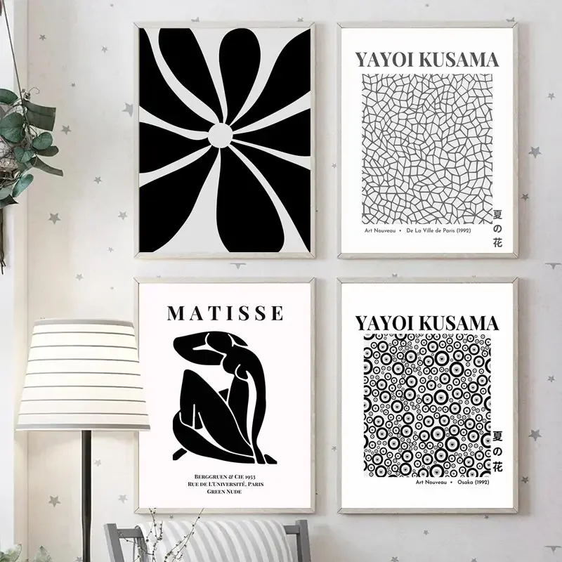 si abstrakcyjne paski plakat z nadrukiem czarno-biały Yayoi Kusama Wall Art Flower Market obraz na płótnie dekoracja sypialni