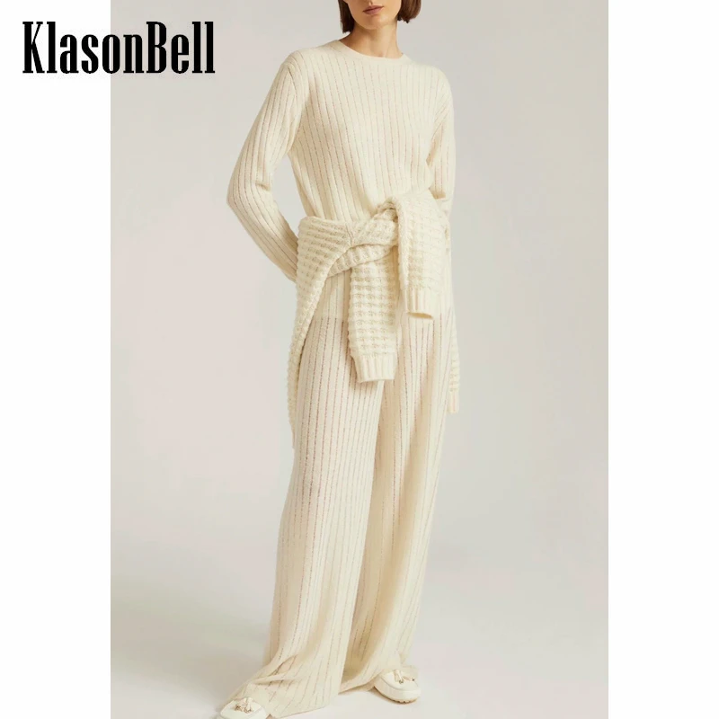 

8.29 KlasonBell Fashion Cashmere Wool Knitted Pullover Sweater Or Wide Leg Pants Women's Set