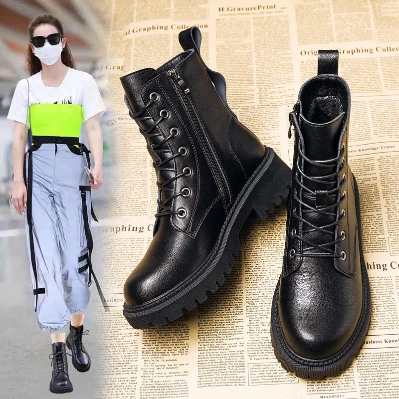 short Boots Female British Style 2021 New All-match Autumn and Winter Plus Velvet Thick-soled Inner Heightening Short Boots