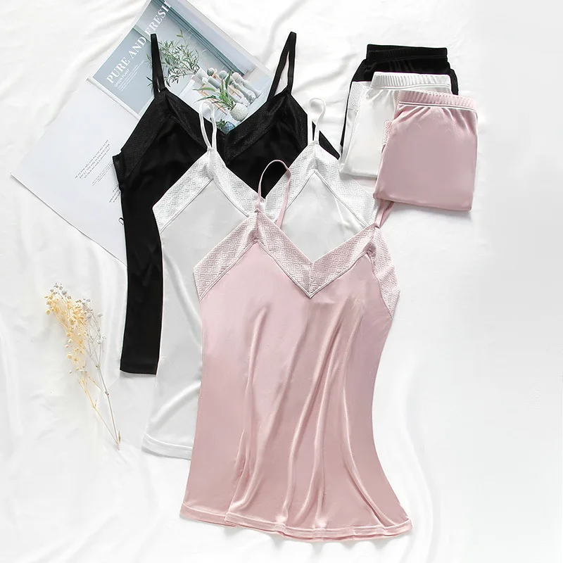 

Silk Suspenders Two-piece Set for Women Lace V Neck Camisole Sexy Skin-friendly Light Vests Elastic Waist Shorts Suits Wholesale