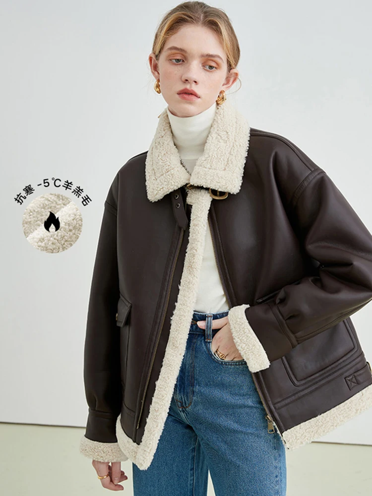 

Autumn Winter Women Pu Faux Leather Jacket Lambs Wool Coat Vintage Outwear Oversize Overcoat Design Thick Warm Elegant Lapel New
