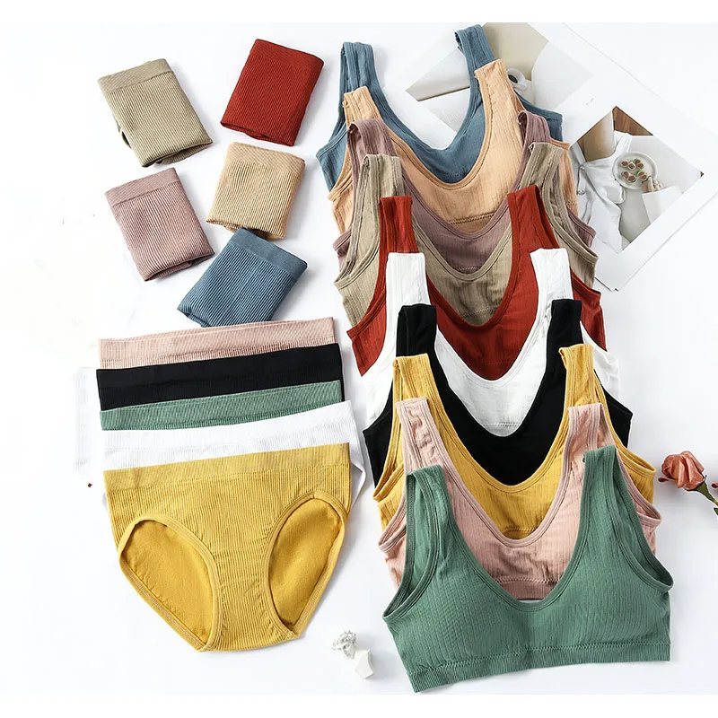 

2sets Women Bra Set Sexy Lingerie Female Underwear Bralette Ribbed Tops Girls Brassiere Basic Stretchy Tank Crop Tops Suit