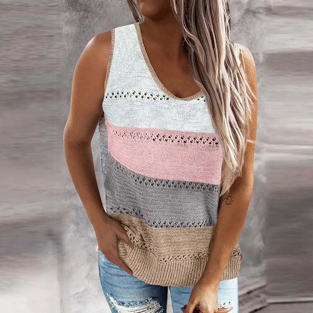 

Sexy Contrast Color Hollow O Neck Sweater Vest Stylish Summer Pullover Women Vest Loose Fit Patchwork Vest Top for Daily Wear