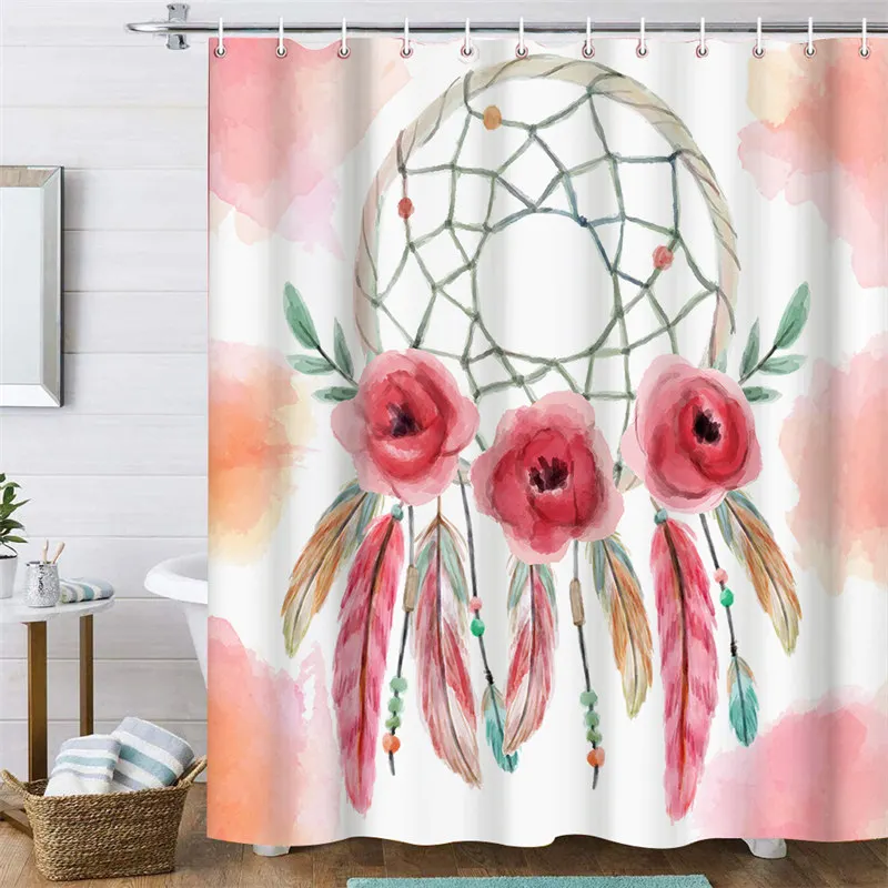 

Dreamcatcher Pink Shower Curtain Boho 3D Print Feather Extra Long Shower Curtain Liner Stall Floral Shower Curtain Bath Curtain