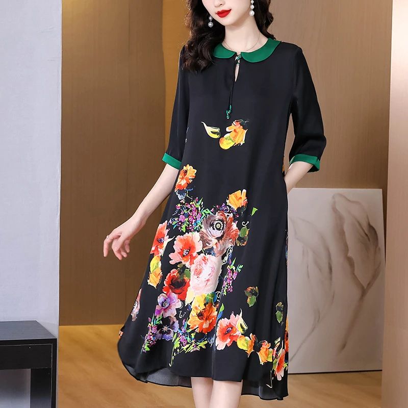 

2022 Black Floral Vintage Rayon Loose Midi Dress Women Korean Hepburn Party Night Dress Spring Summer Elegant Bodycon Vestidos