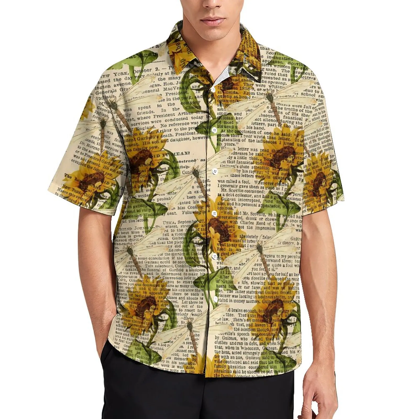 

Свободная рубашка с подсолнухами и стрекозами, повседневные рубашки для отпуска в стиле старой газеты, гавайский дизайн, с коротким рукавом, в уличном стиле